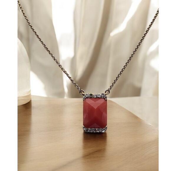 Red Coral and Rhinestone Vintage Signed Monet Pendant Necklace - Picture 3 of 6